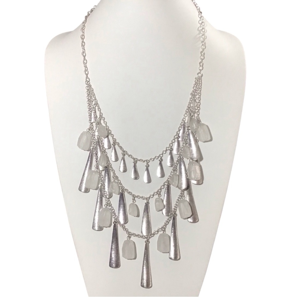 Premier Designs Necklace Silver Teardrop Clear Abstract Stones Layered  Jewelry